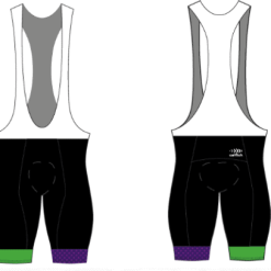 back and front of cycling bib knicks with green and purple trim